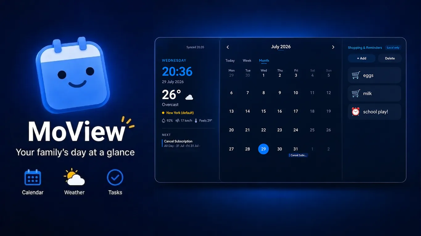 MoView dashboard showing a monthly Google Calendar, weather, shopping list and the next event on a large screen
