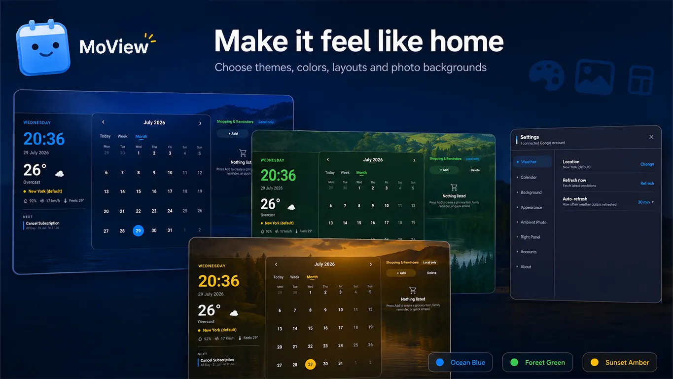 MoView themes and settings for colors, photo backgrounds, weather, calendar and appearance