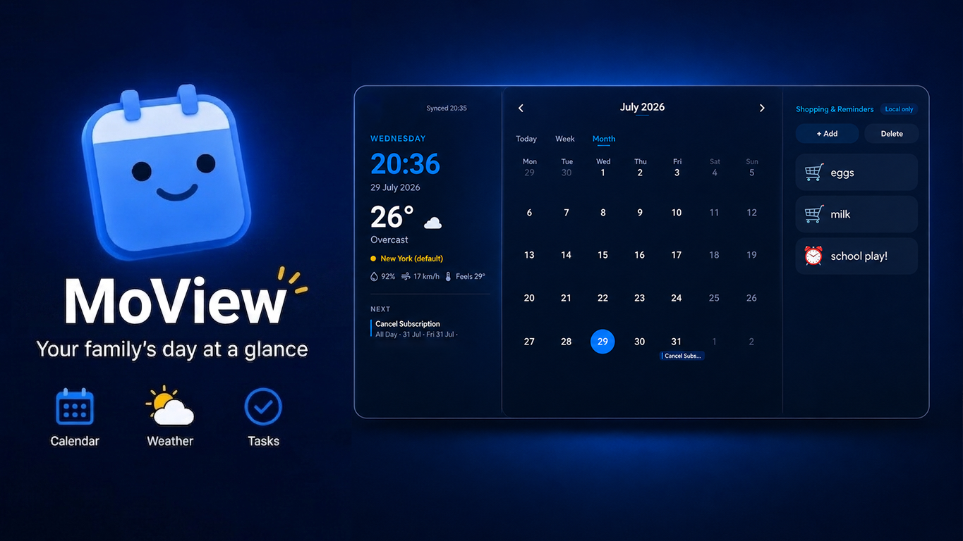 MoView dashboard on dark background showing July 2026 calendar, 26° weather, shopping list with eggs, milk and school play, and next event reminder