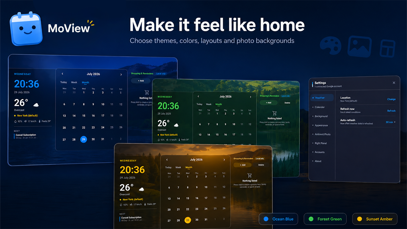 MoView customization showing Ocean Blue, Forest Green and Sunset Amber themes, photo backgrounds, and settings panel with weather, calendar and appearance options