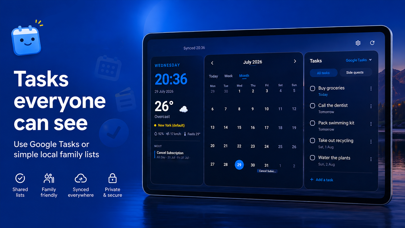 MoView tasks panel showing Buy groceries, Call the dentist, Pack swimming kit, Take out recycling, Water the plants – with due dates and Add a task button