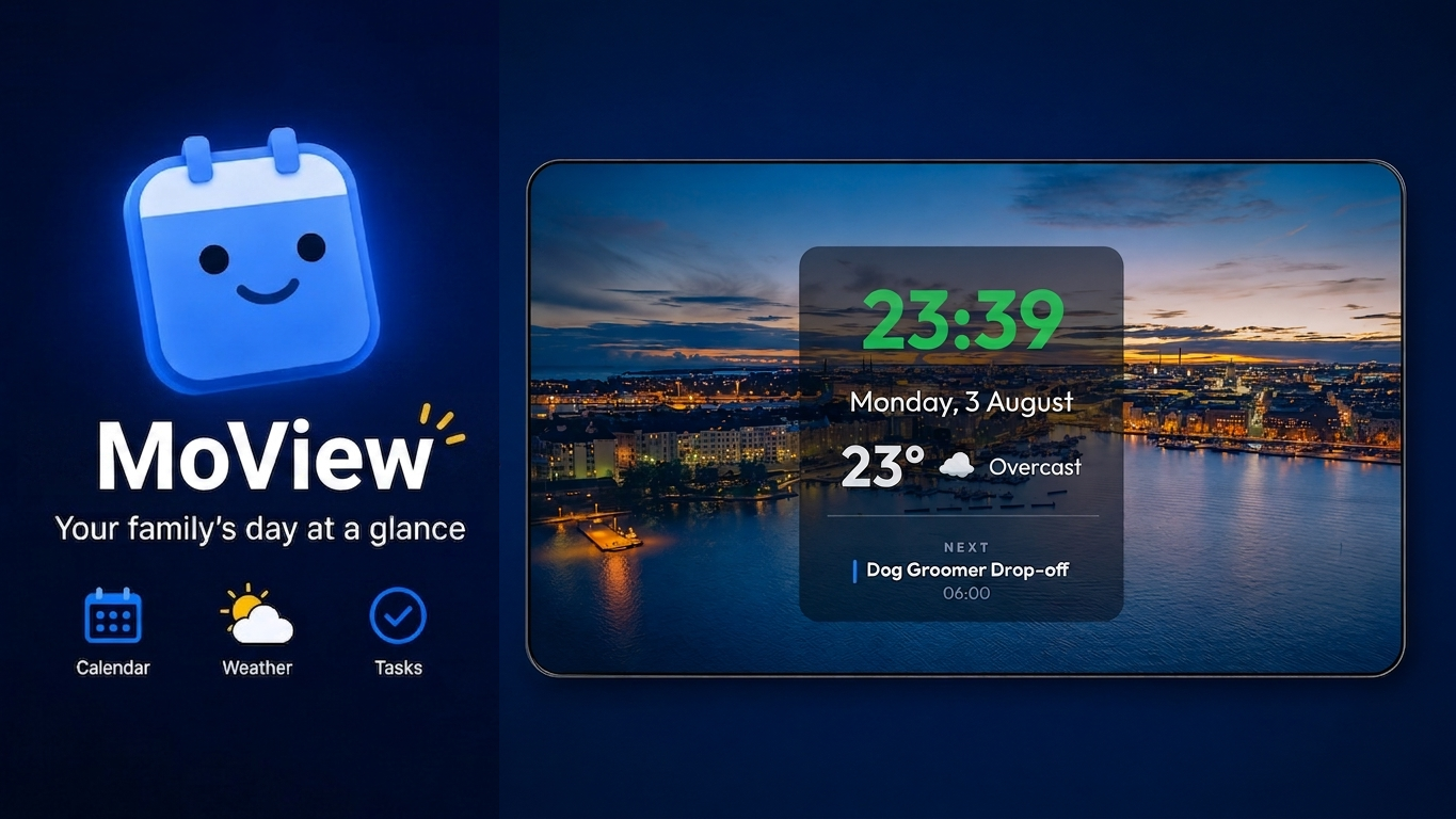 MoView ambient mode showing 23:39 clock, Monday 3 August, 23° overcast weather, next event Dog Groomer Drop-off at 06:00 over a city skyline photo